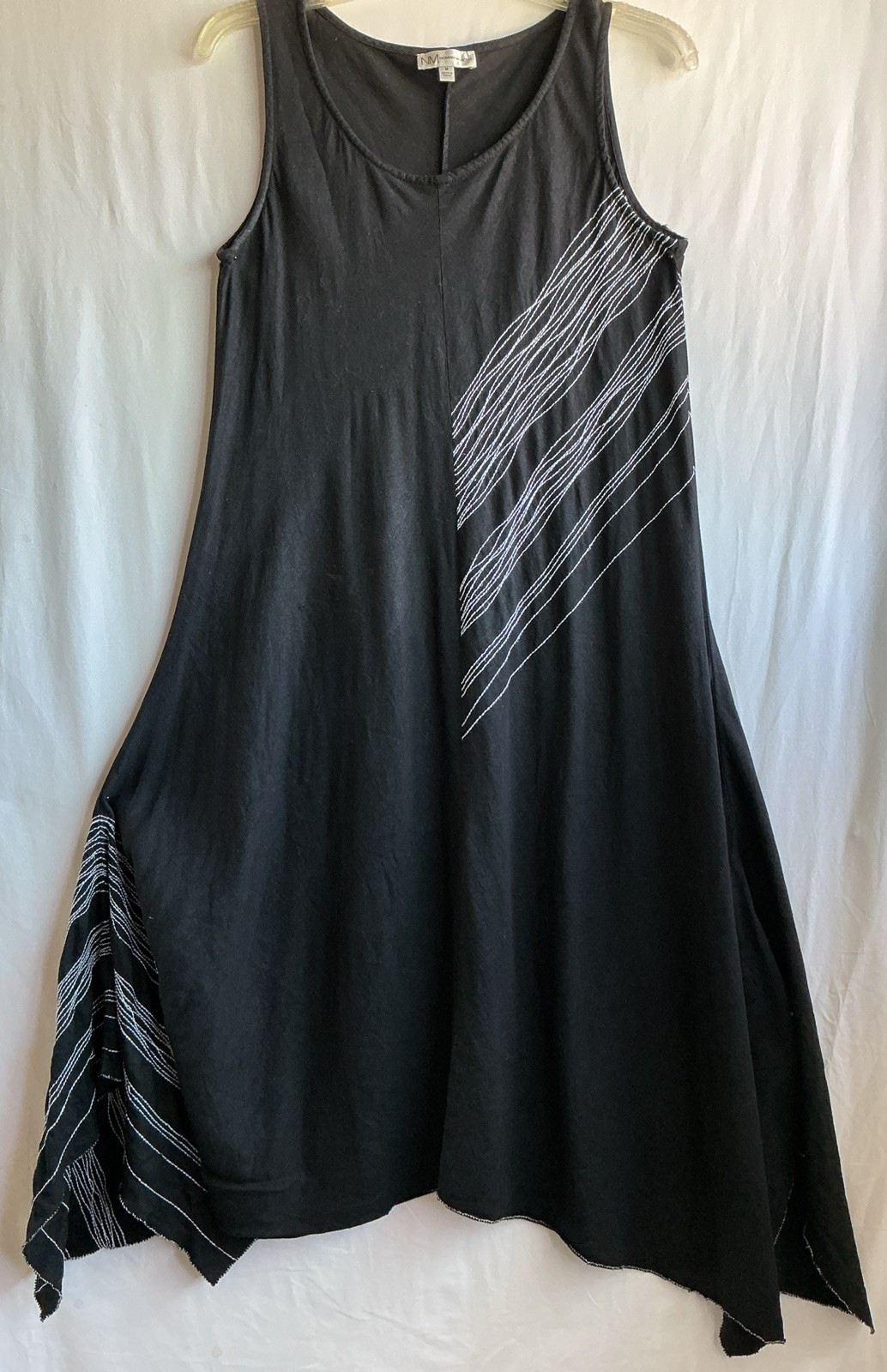 Neiman Marcus Linen Blend Black Asymmetric Wave-Stitch Tank Dress Sz M