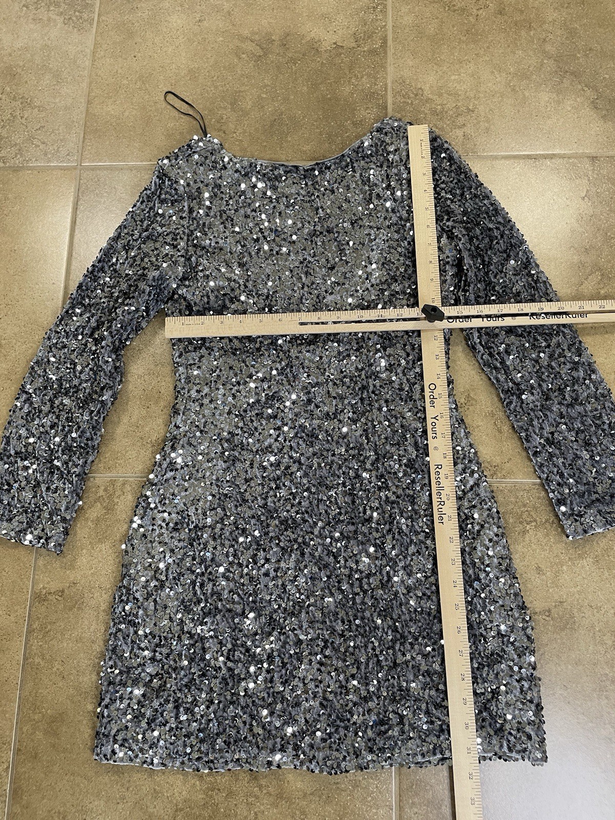 H&M Sequin Dress Womens Sz S Silver Scoop Back Long Sleeve Party Cocktail Lined
