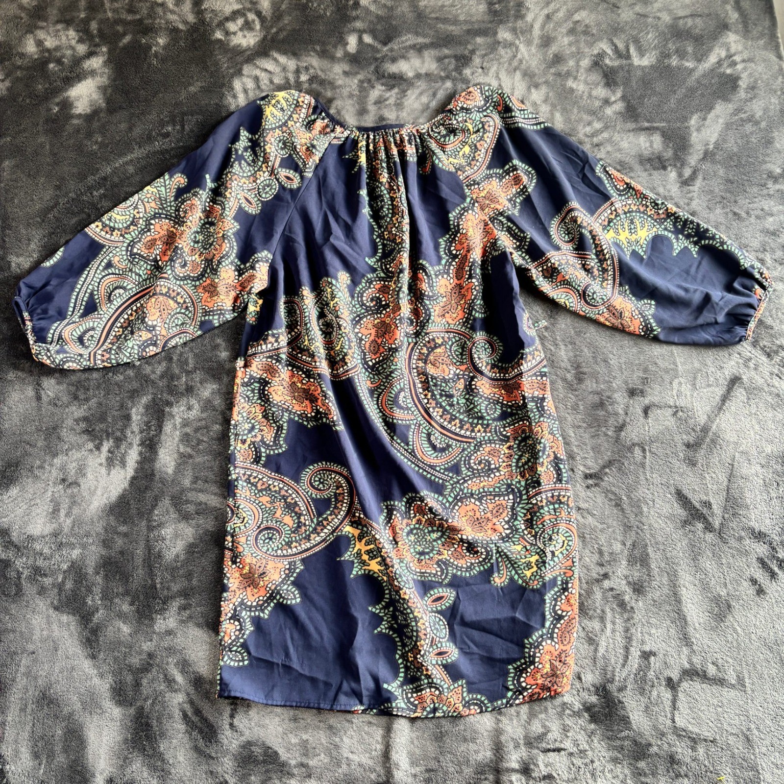Love21 Paisley Boho Mini Shift Dress Navy Blue Balloon Sleeve Small