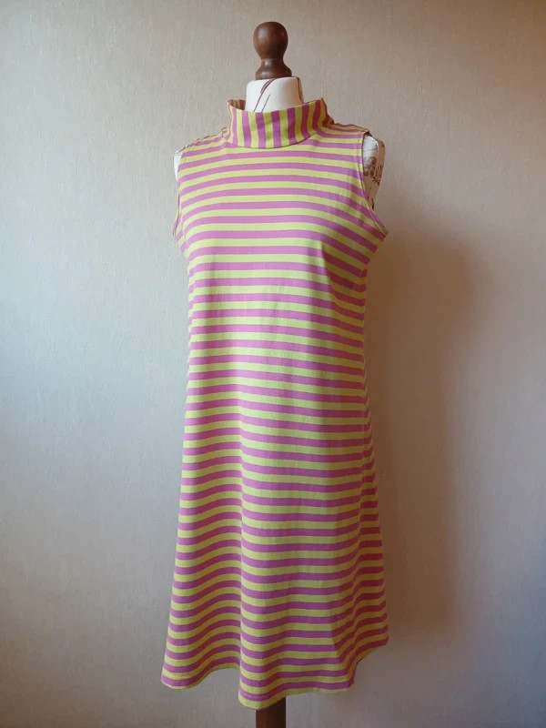 Vintage Bright Striped Marimekko Sleeveless Dress With A High Stand-Up Collar