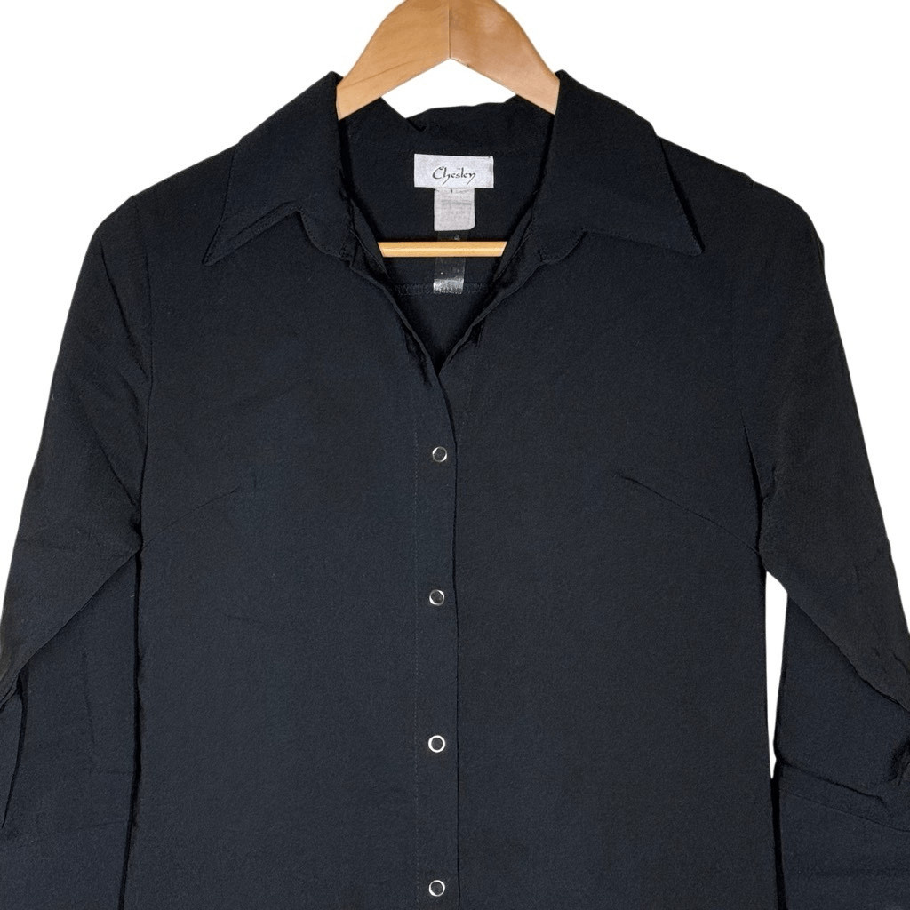 Vintage Chesley Black Long Sleeve Button Up Dress Shirt Collared Snap Closure