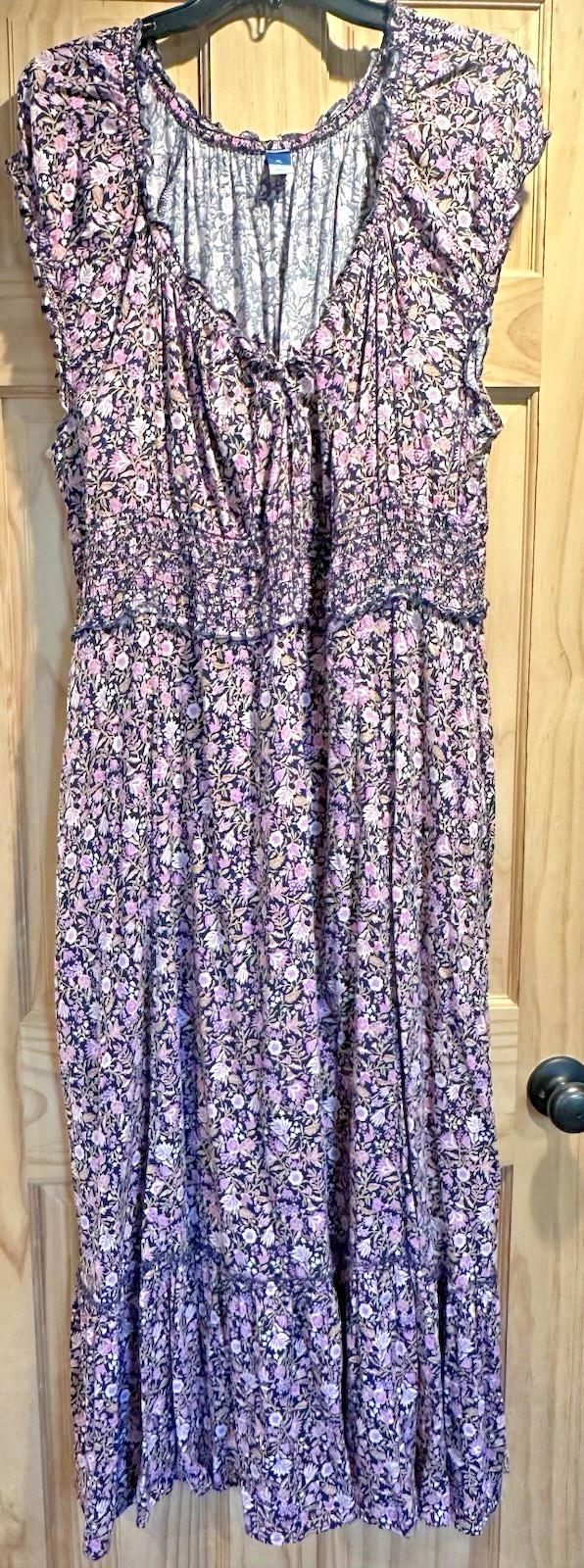 Old Navy Women’s XL Floral Boho Midi Dress Smocked Waist Short Sleeve Purple