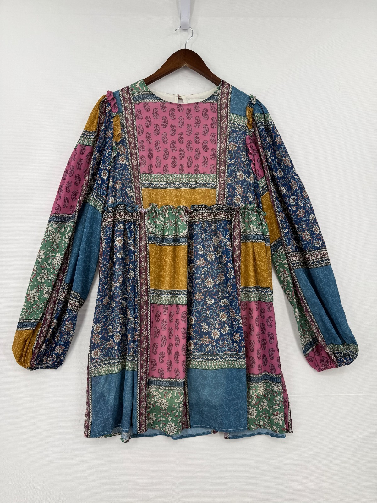 Aura Patchwork Boho Babydoll Tunic Dress Women’s M Floral Paisley Long Sleeve