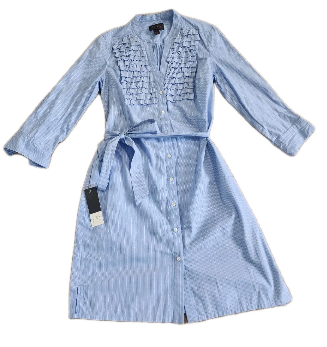 TRULLI Womens Light Blue White Pin Striped Button Down Ruffled Shirt Dress Sz 6