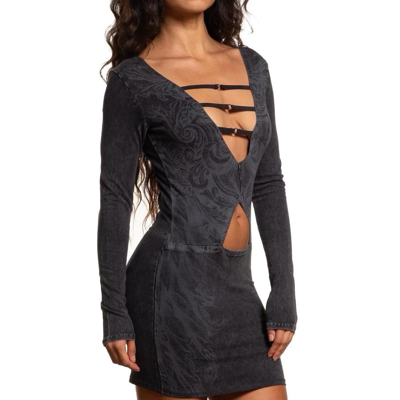 NWOT Affliction Clothing Scale LS Mineral Black Strappy V Front Mini Dress Sz XL