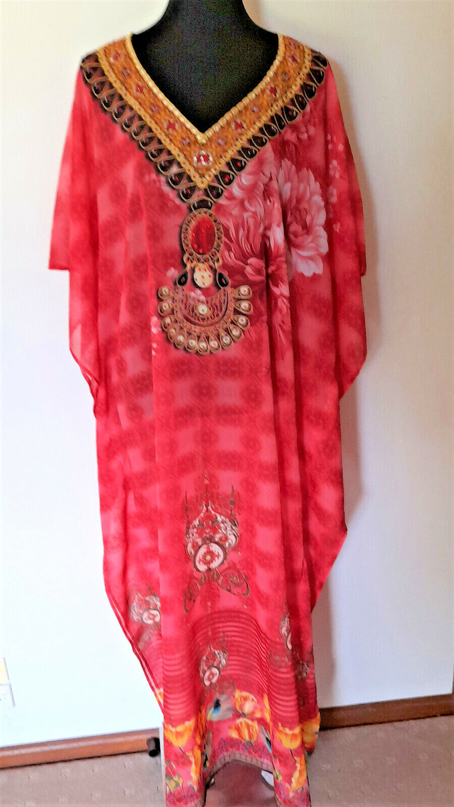 HEAVILY EMBELLISHED DIGITAL FLORAL PRINT LONG V NECK GEORGETTE KAFTAN/DRESS