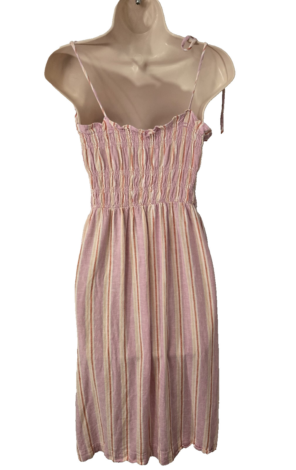 Pink Striped Smocked Linen Blend Midi Dress Tie Shoulder Button Summer Beach S
