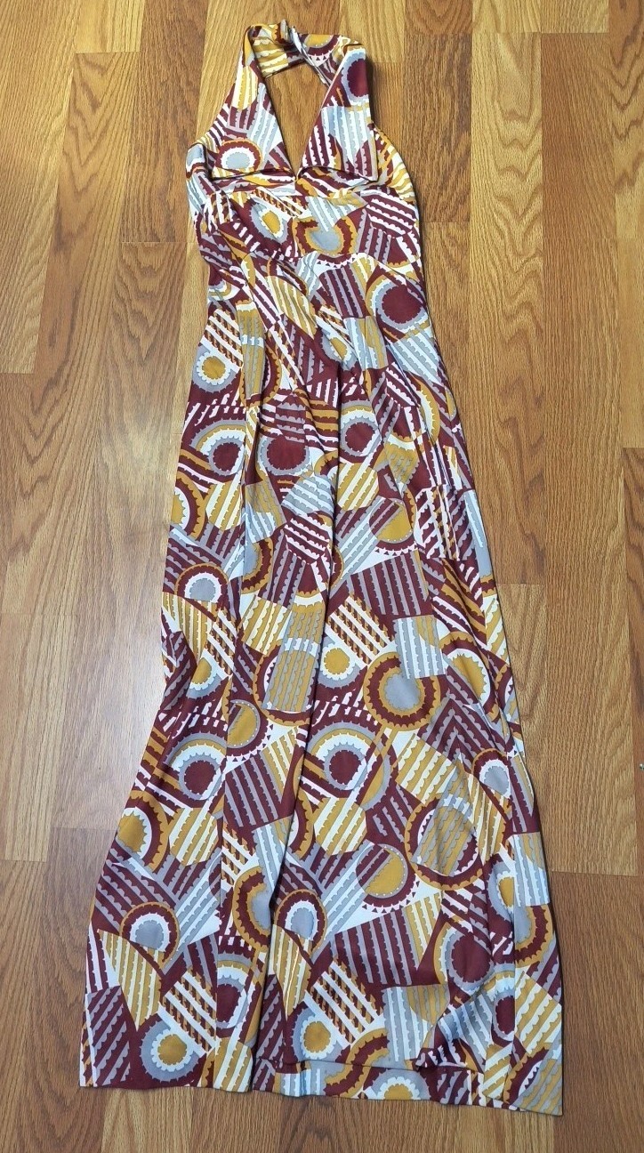 Vintage 70s Lorraine Design Miami Halter Dress Gold Maroon Womens Size 14 RN4529