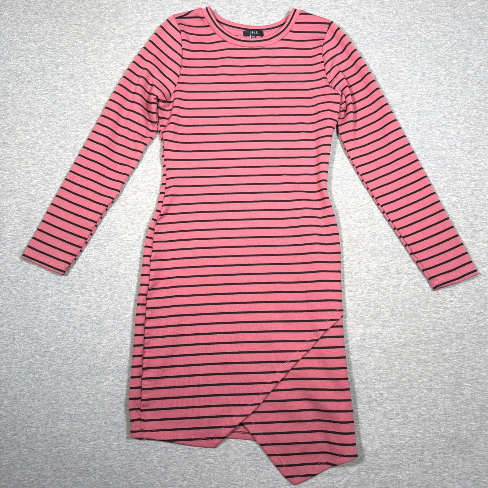 Iris Pink Black Striped Long Sleeve Bodycon Asymmetrical Hem Dress ID2716 Medium