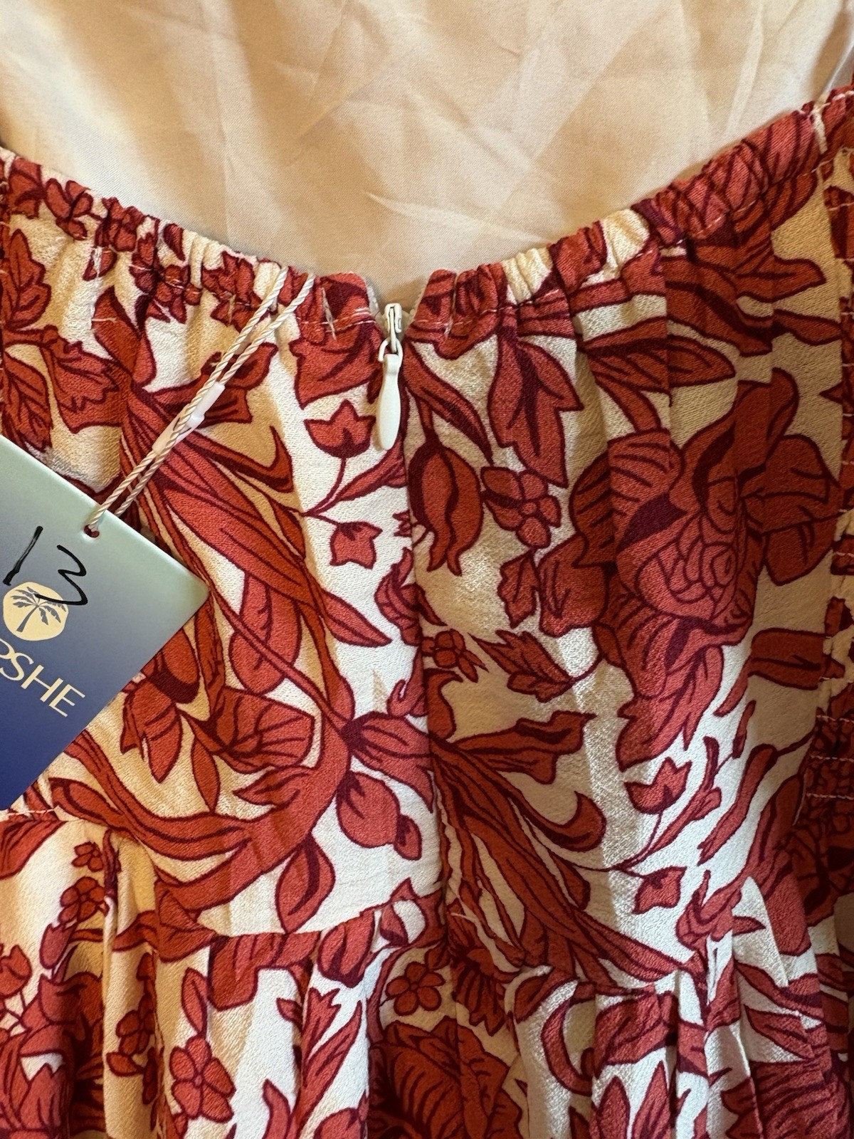 CUPSHE Red/White Floral Midi Sundress L Square Neck Lined Smocked Back Zip