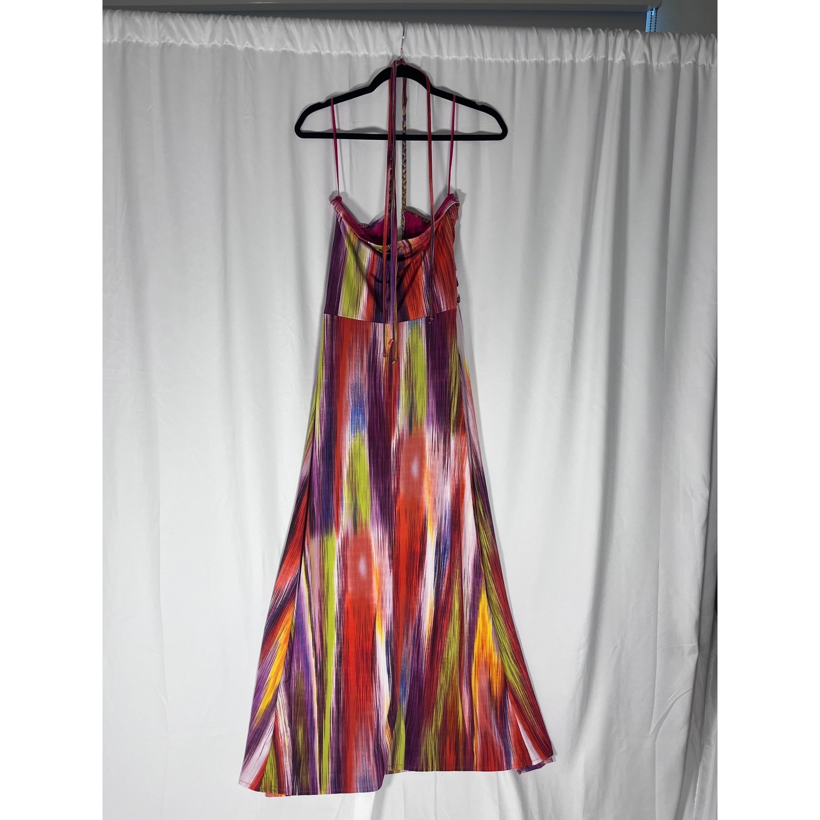Cynthia Rowley Y2K Colorful Halter Maxi Dress M Braided Detail Resort Artsy