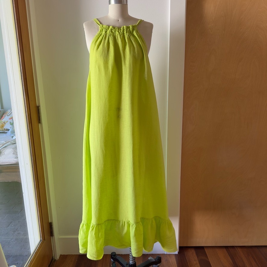 💚Meo Meli 100% Linen Tierred Maxi Halter A-Line Flowy Dress-Lime Green-One Size