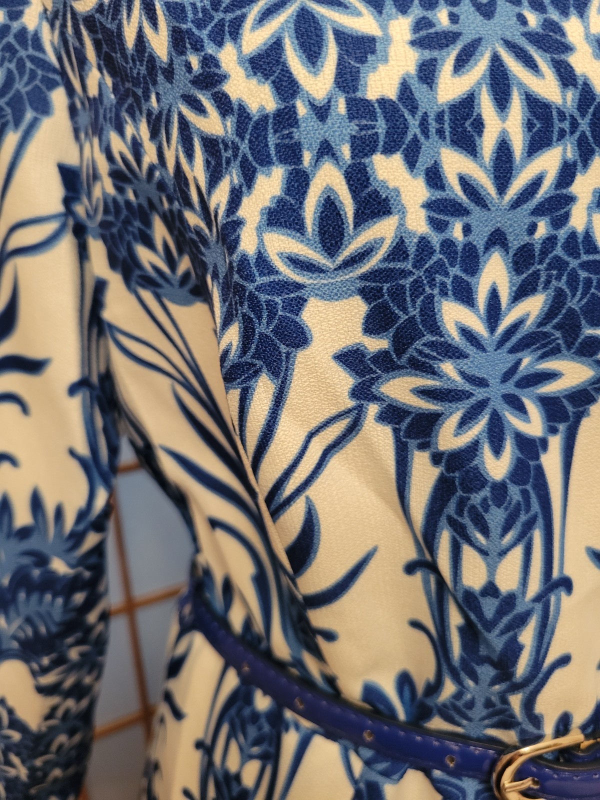 ASHRO Blue/White Floral Boat Neck 3/4 Bell Sleeve Midi A-Line Dress S/M