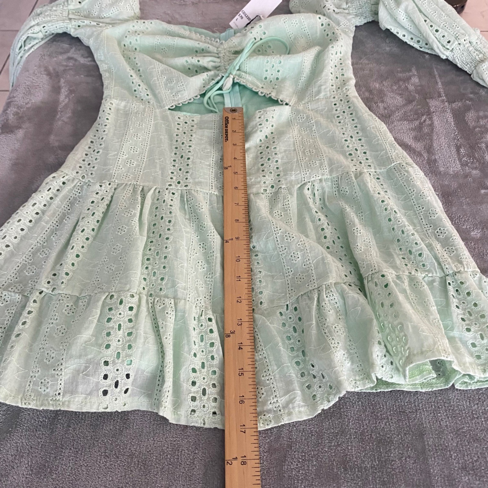 Chicways Eyelet Lace Mini Dress Womens L Mint Green Cutout Bell Sleeve NWT