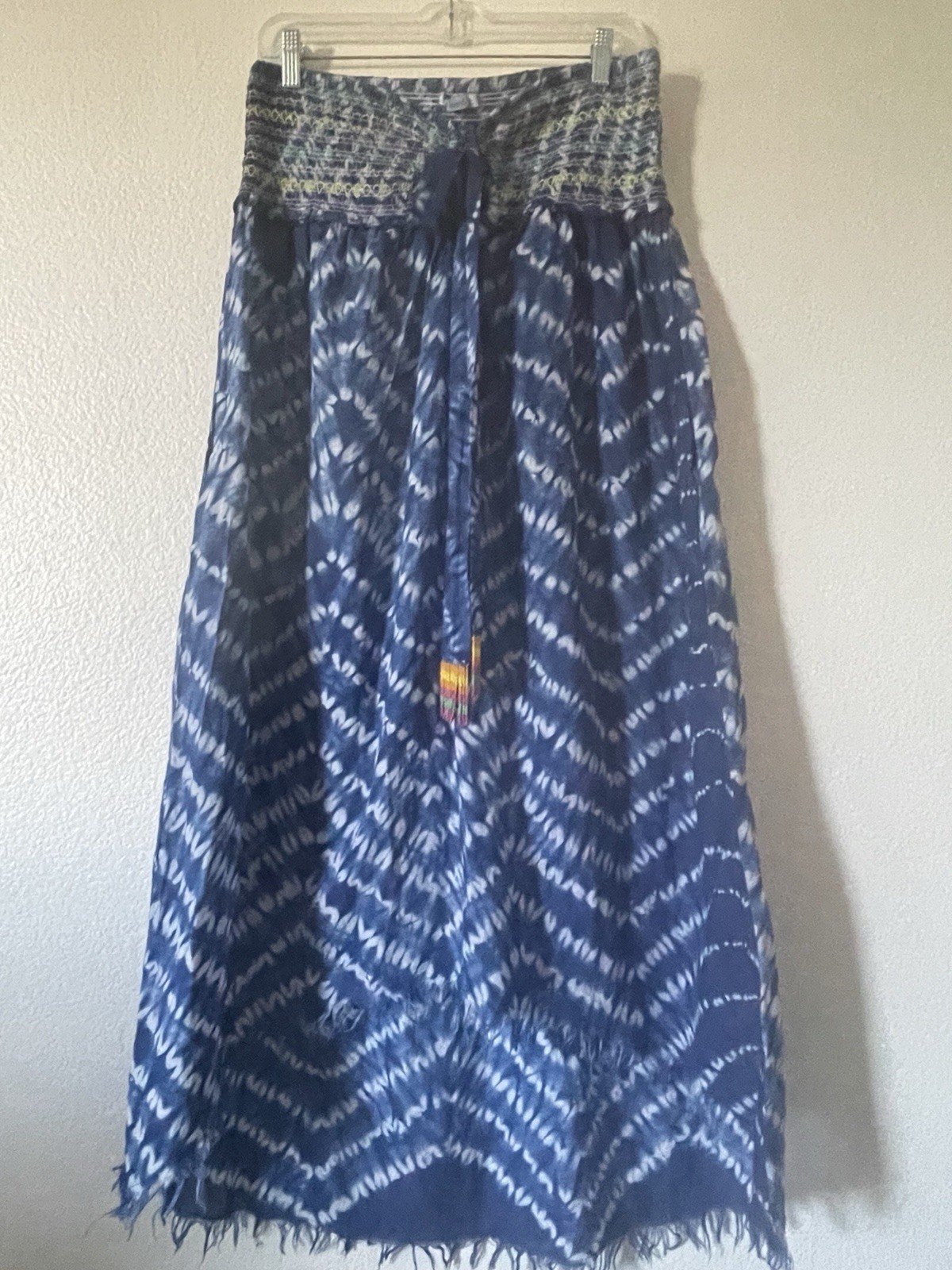 Blue Island One Size Blue/White Tie Dye Midi Sundress Smocked Beaded Fringe