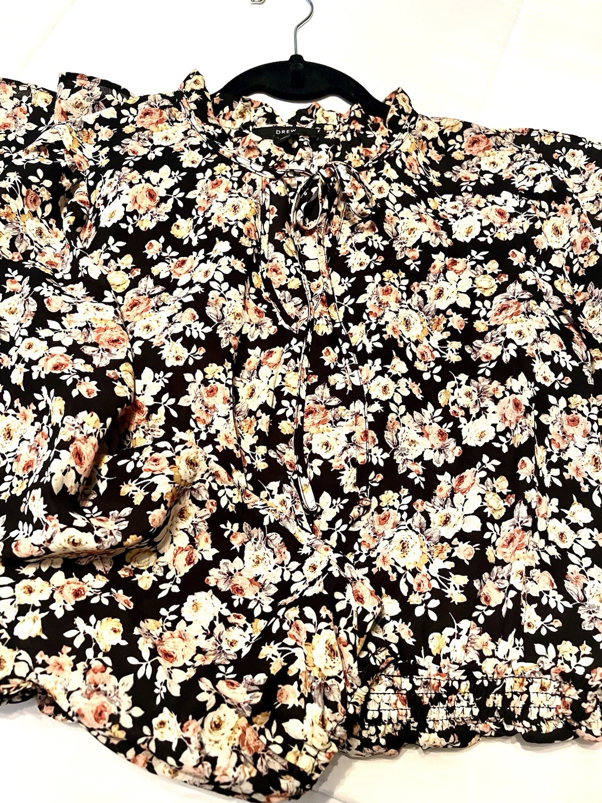 Drew Black White Pink Floral Long Sleeve Tie Neck Smocked Short Dress XS