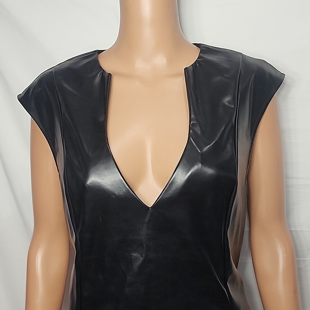 MICAS Solid Pu Patchwork Ruched Zipper Mini Dress Black/Cream Size XL NWT