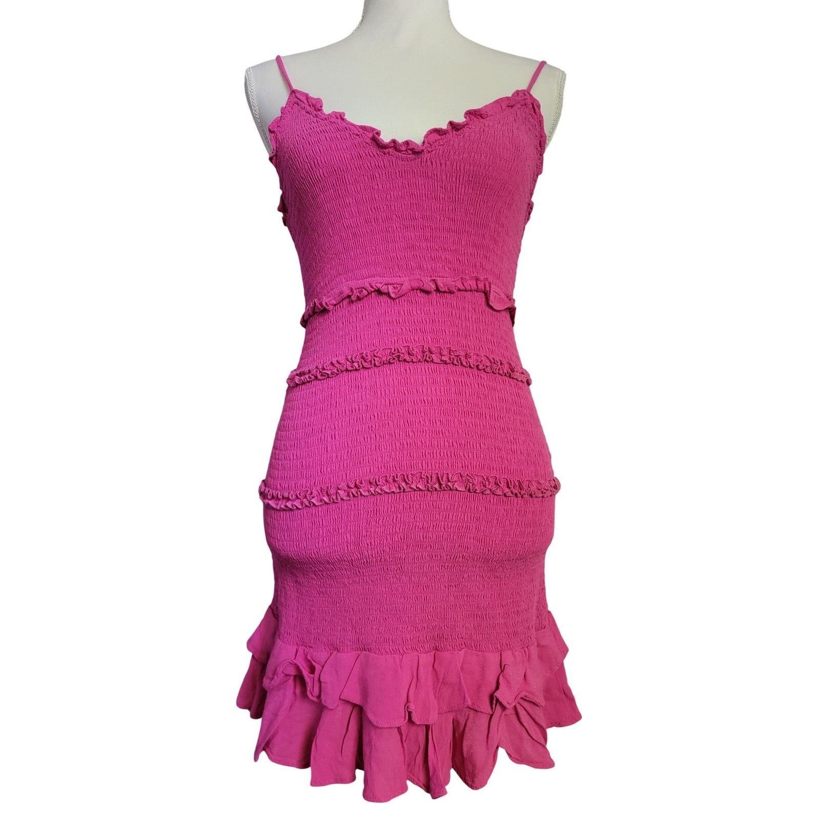 Pookie & Sebastian Pink Smocked Ruffle Sleeveless Tiered Casual Mini Dress Small