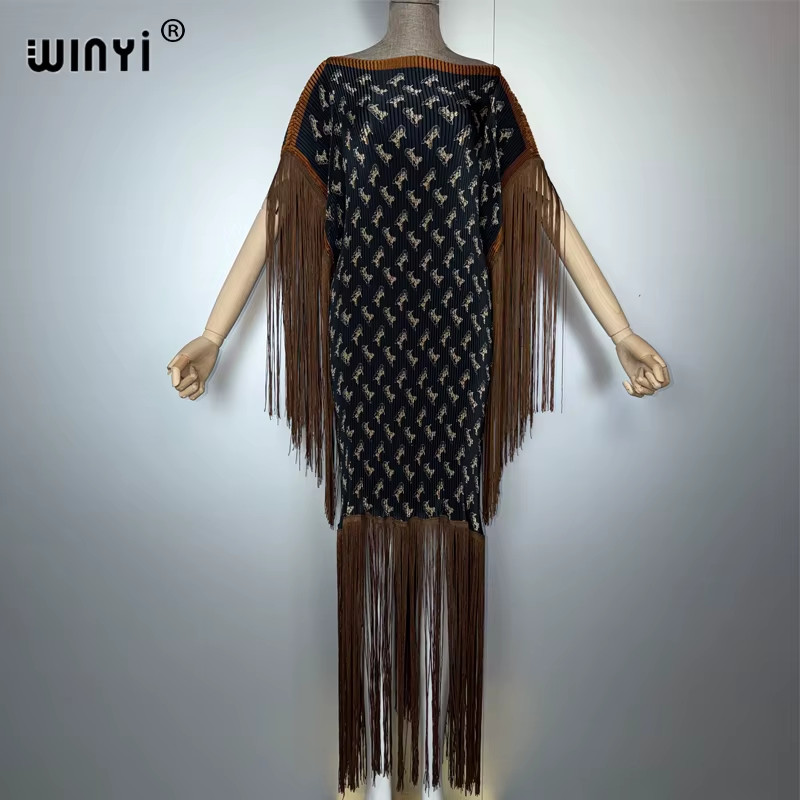 Pleated Elastic Slim Fringed Dress Women Crumple Design Loose Boho Robe Holiday