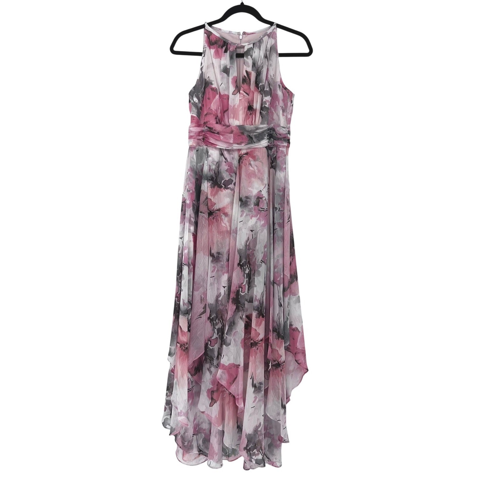 R&M Richards Pink Gray Floral Halter Maxi Chiffon Dress Size 6