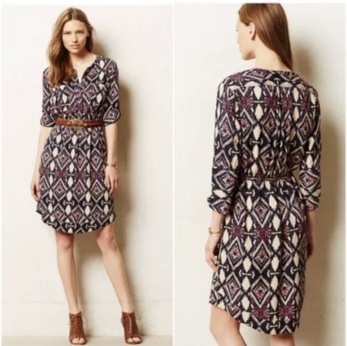 ANTHROPOLOGIE HOLDING HORSES Mira Ikat Shirt Dress Tribal Aztec Print Sz 12