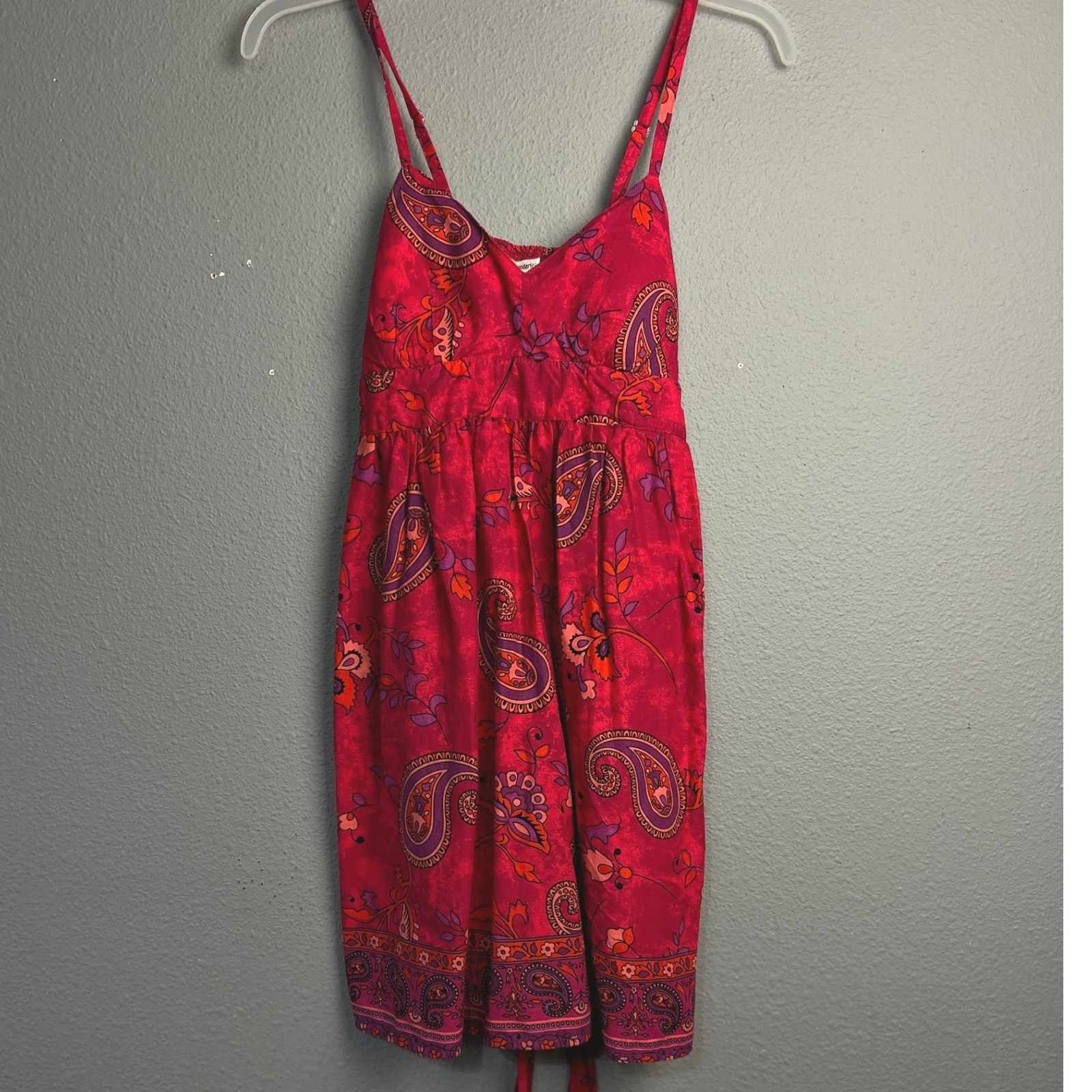 No Boundaries Red Paisley Cotton Mini Dress Smocked Back Tie Size S 3/5