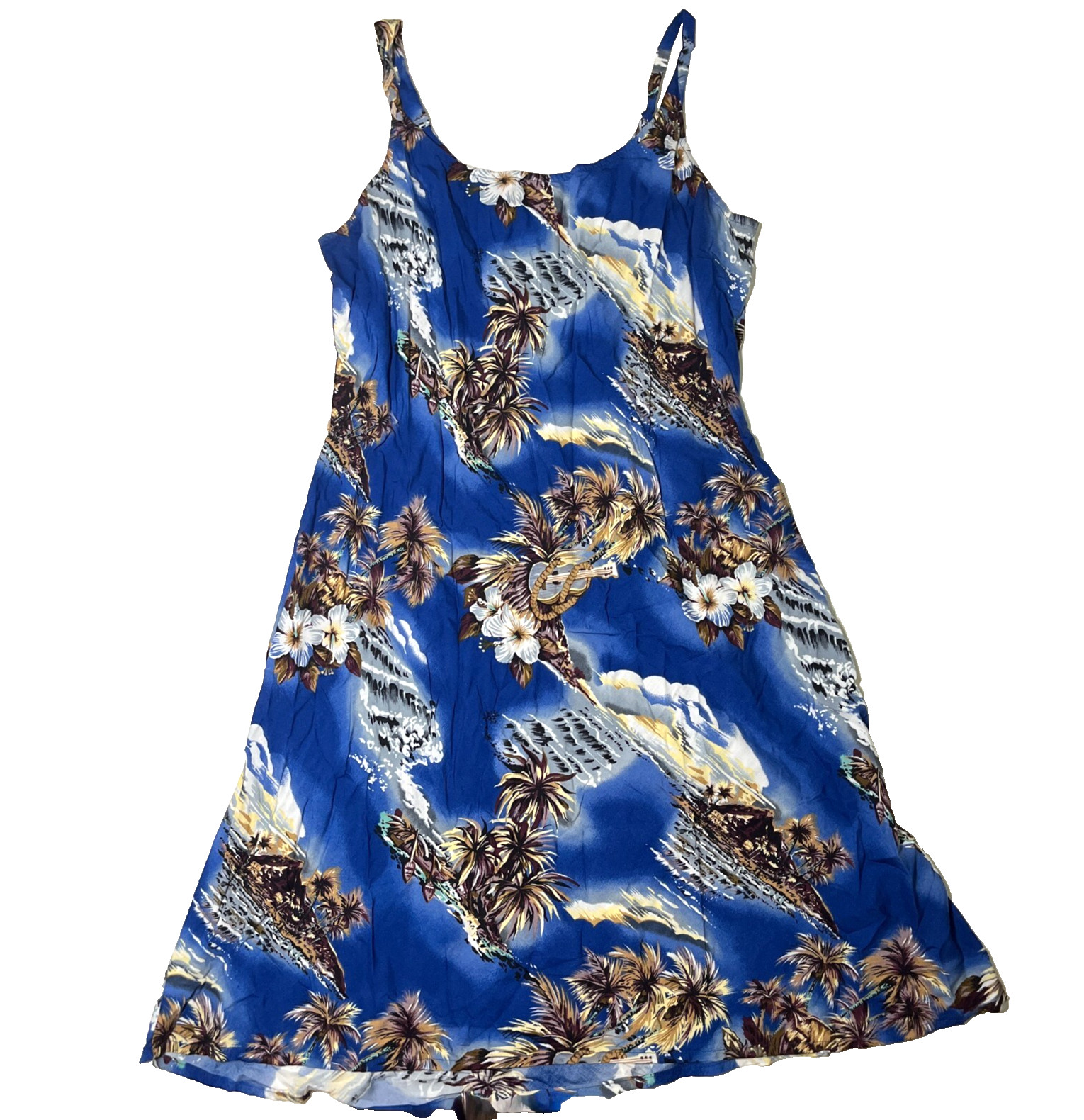 VTG Hilo Hattie Dress Blue Hawaii Sleeveless Strap y2k Aloha Camp AOP Sundress L