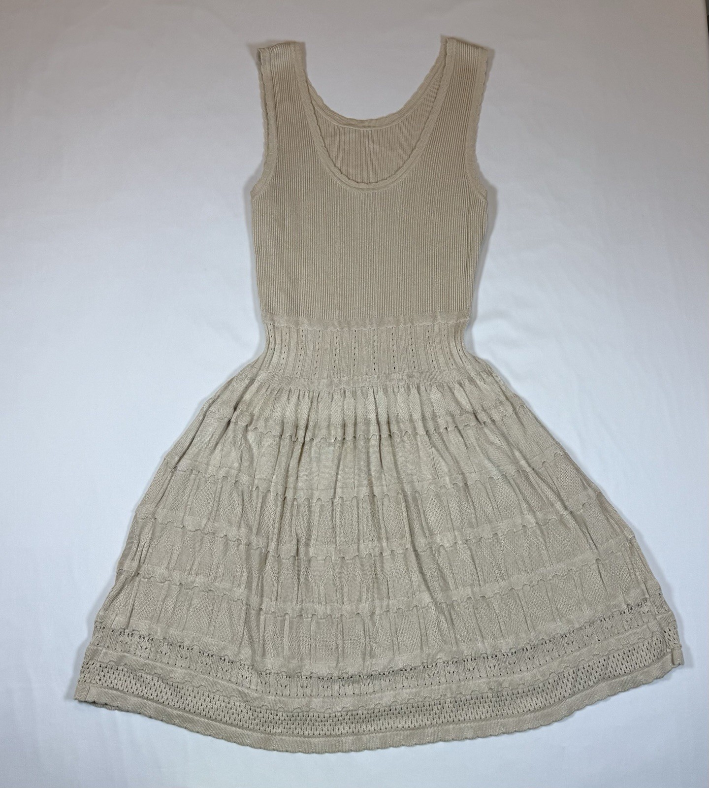 Fisoew Mini Dress Casual Knitted Crochet Hem Flowy Tank Sundress, Khaki, Size L