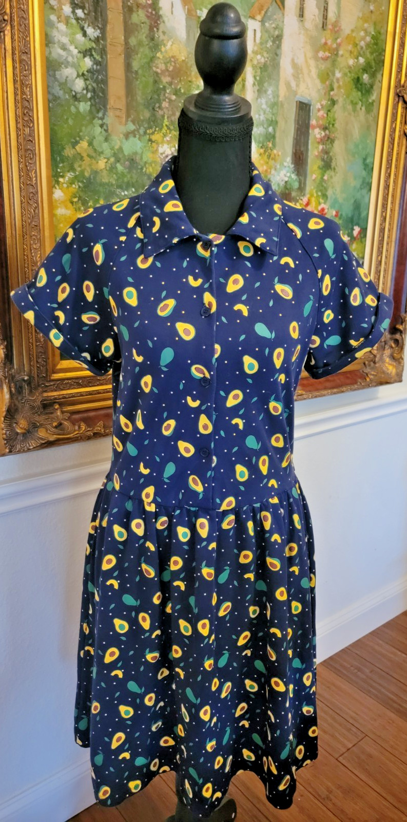 Unique Vintage Women’s Medium Navy Avocado Print 1950’s Inspired Swing Dress