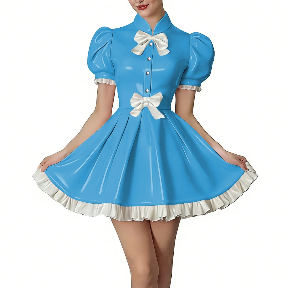 Puff Sleeve Dress with Bows PVC Leather Ruffled Dresses Lolita Party Outfit