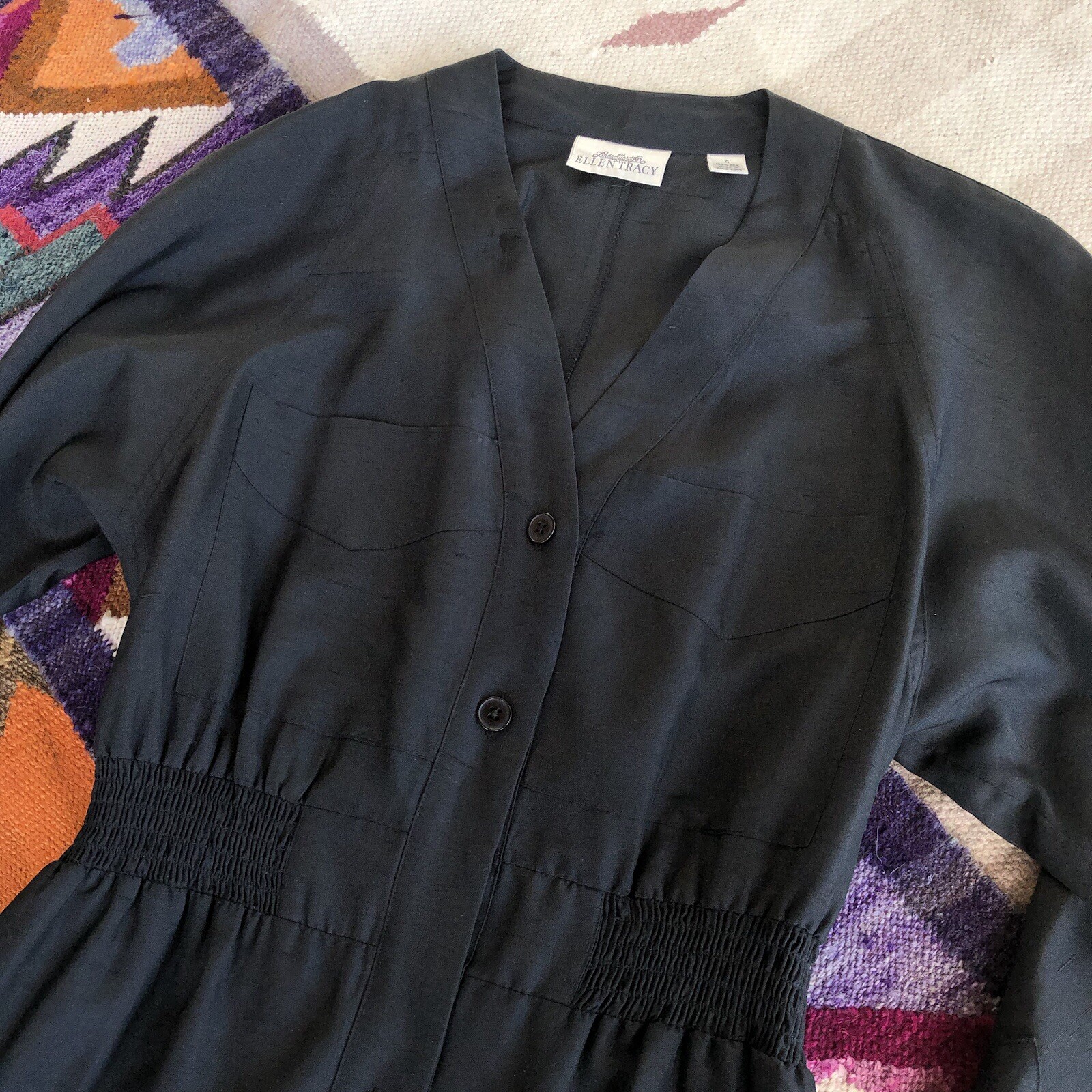 Vintage Linda Allard for Ellen Tracy Silk Dress Womens Size 4 Black Long Sleeve