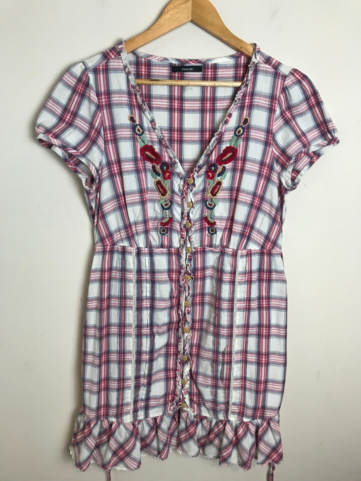 White Red Tartan Check Cotton Embroidered Summer Ruffle Dress size 12 George