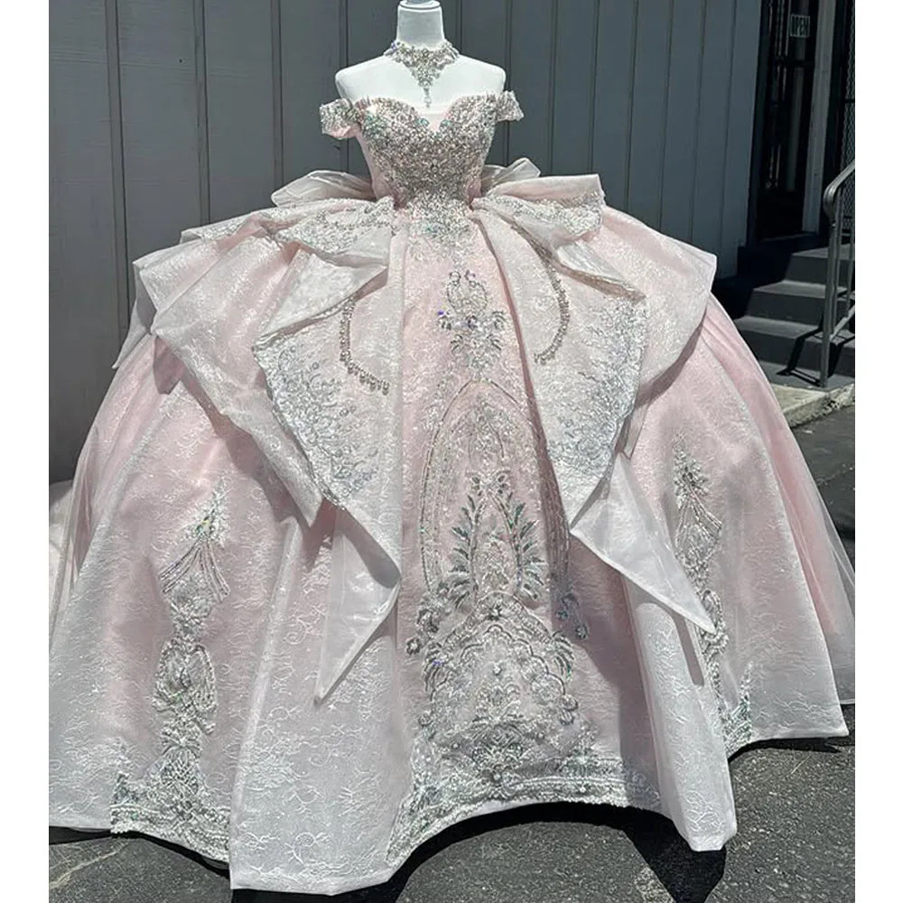 Off Shoulder Pink Rhinestone Bow Overskirt Lace Ball Gown Quinceanera Dresses