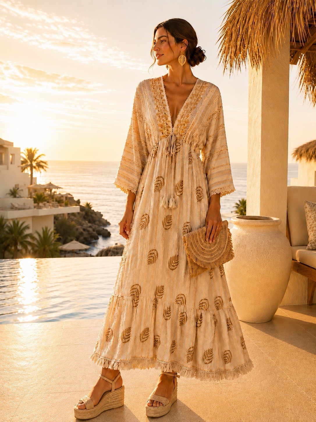 Women Boho Maxi Dress Ivori Gold Deep V Neck Resort Beach Kaftan S/M