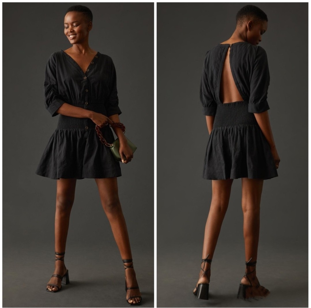 Anthropologie Maeve Marve Puff Sleeve Smocked Mini Dress In Black Size Small