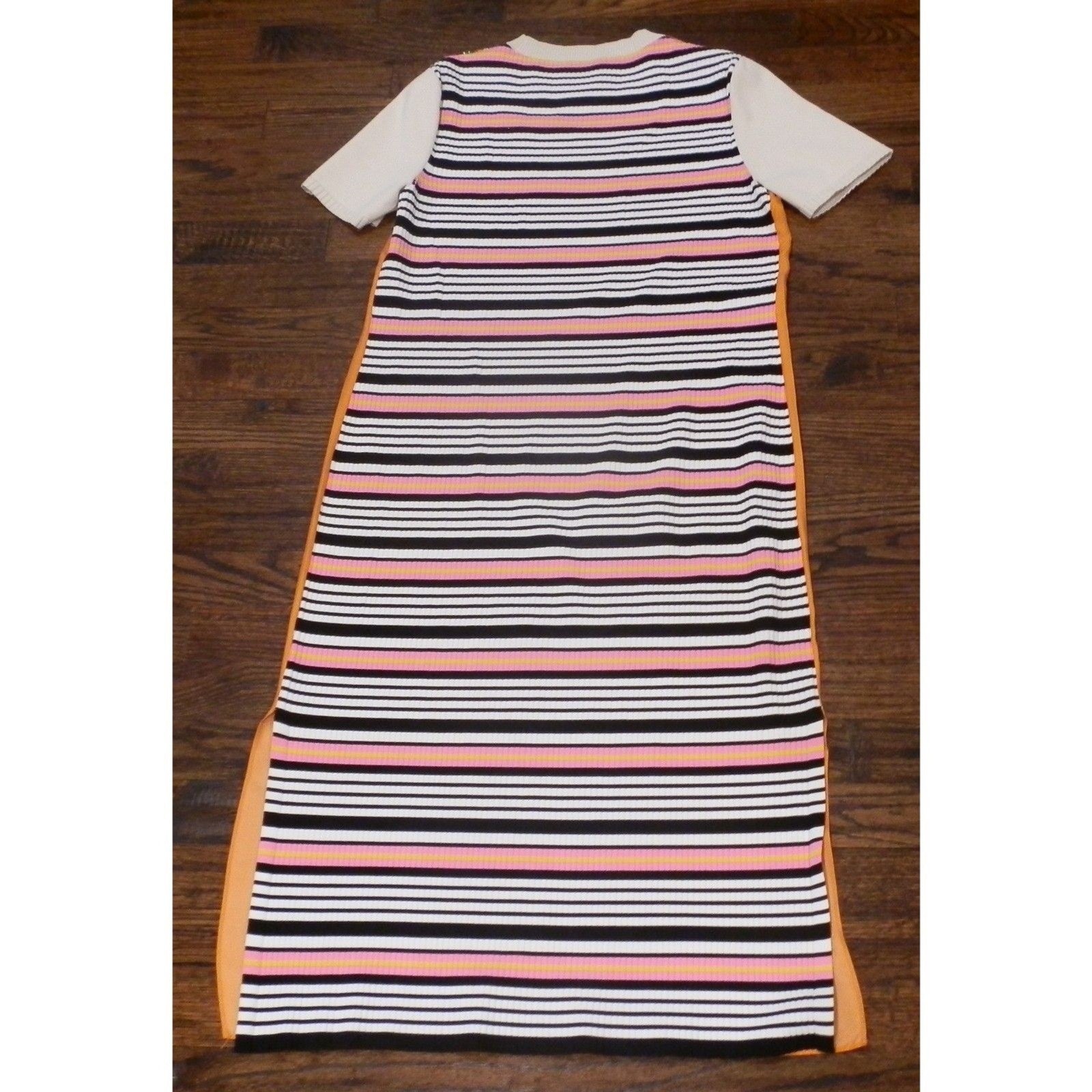 Tory Burch Orange Bird Print Short Sleeve Silk Dress Ribbed Knit Women’s Small