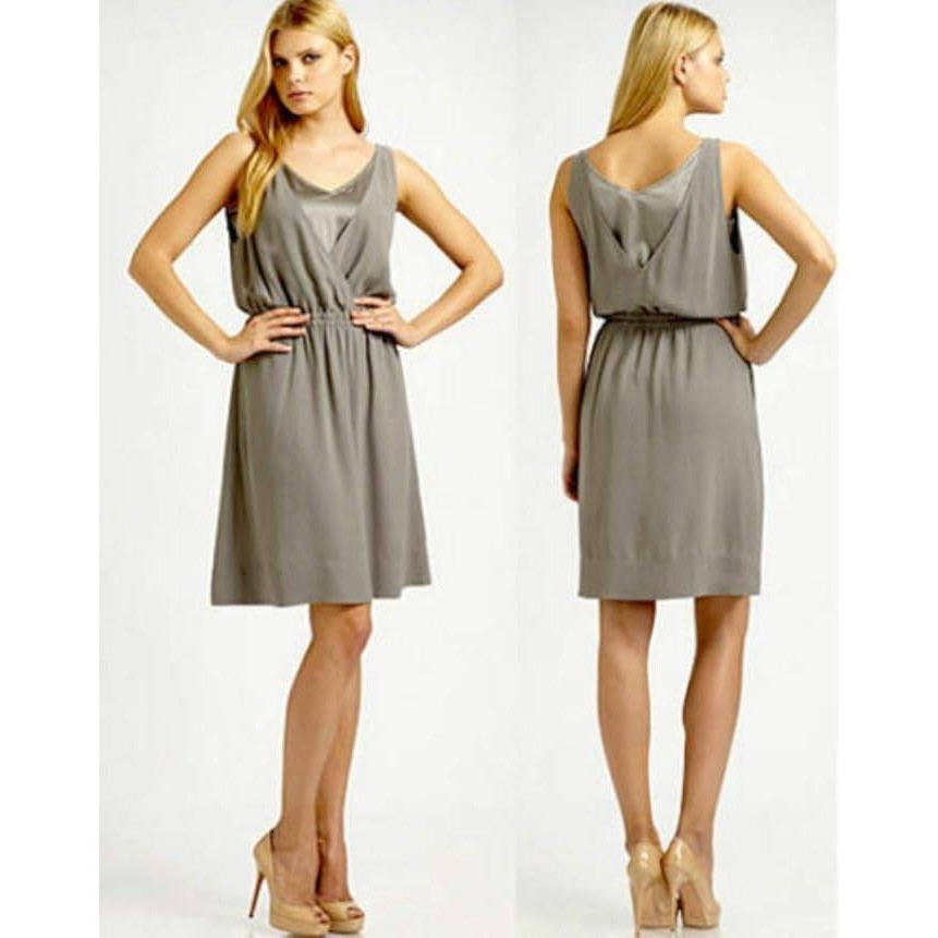 Eileen Fisher Silk Georgette Crepe Double V-Neck Dress Medium Gray Sleeveless
