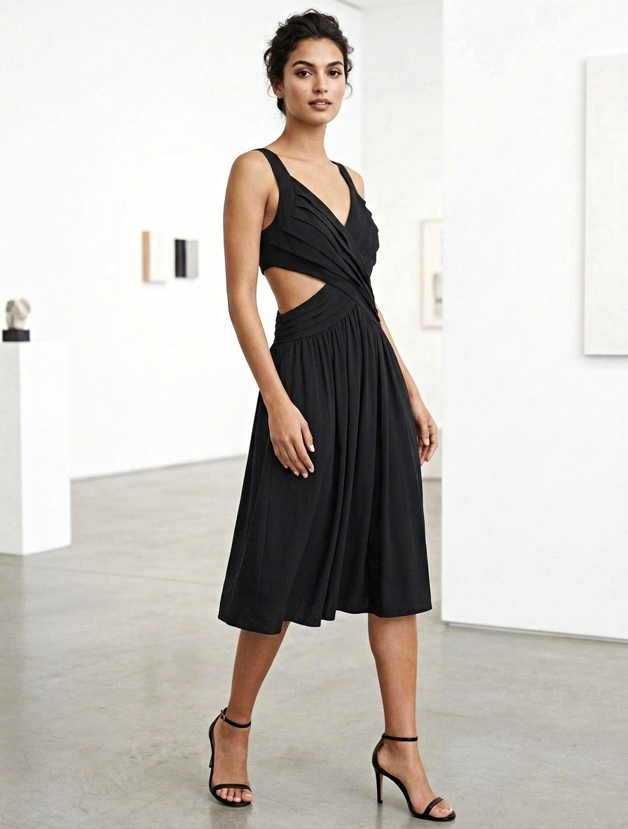 Club Monaco 100% Silk Dress Black Cutout Ruched Crossover V-neck Cocktails Sz 2