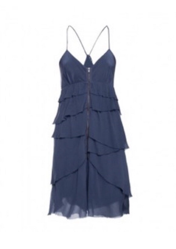 Aritzia Wilfred Silk Tiered Exposed Front Zipper Mini Dress 8 Navy Blue Tie Back