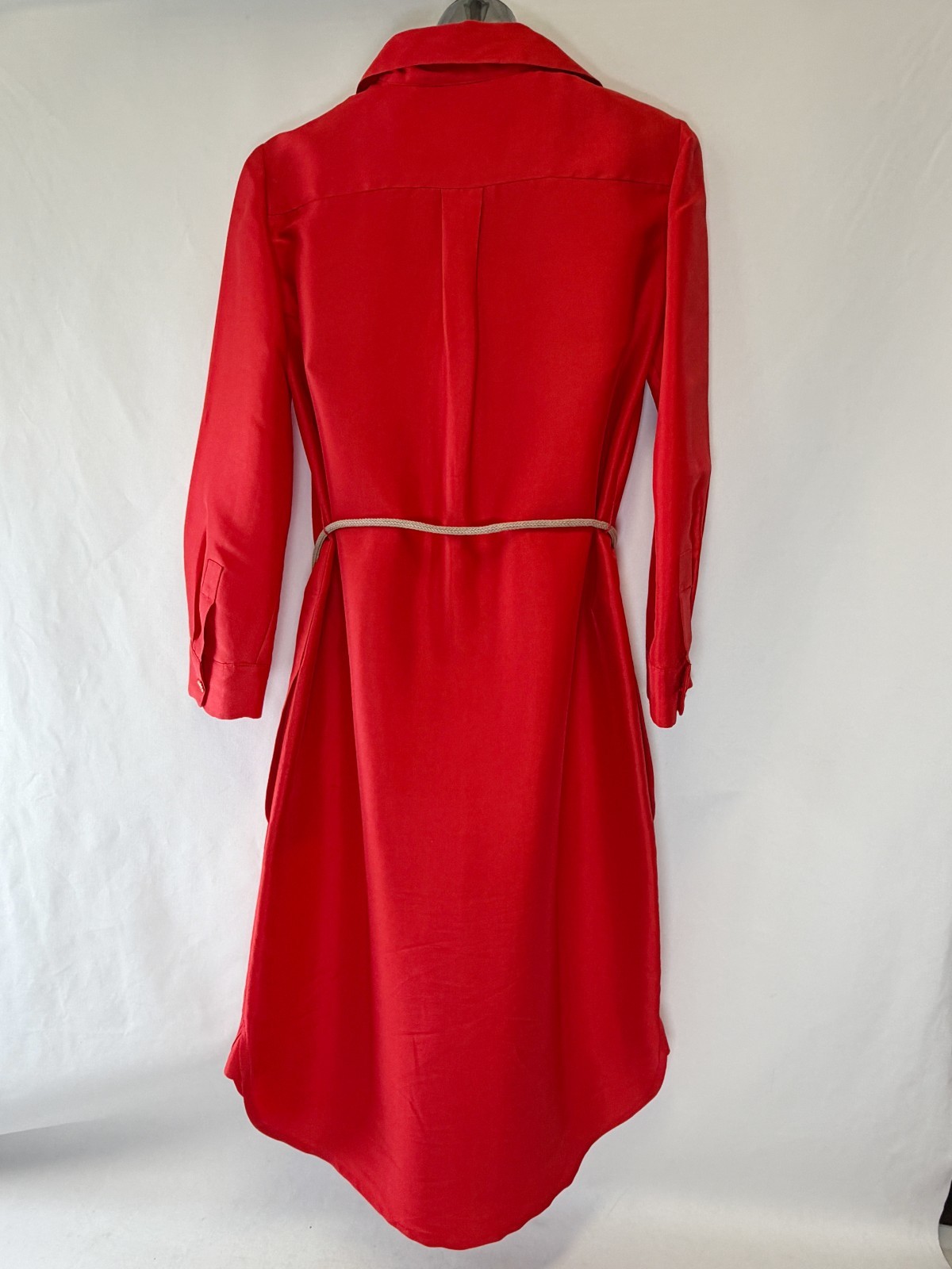 NWOT CAROLINE HERRERA Red Silk Button Up Dress Pocket Rope Belt Bend Collar 4 S