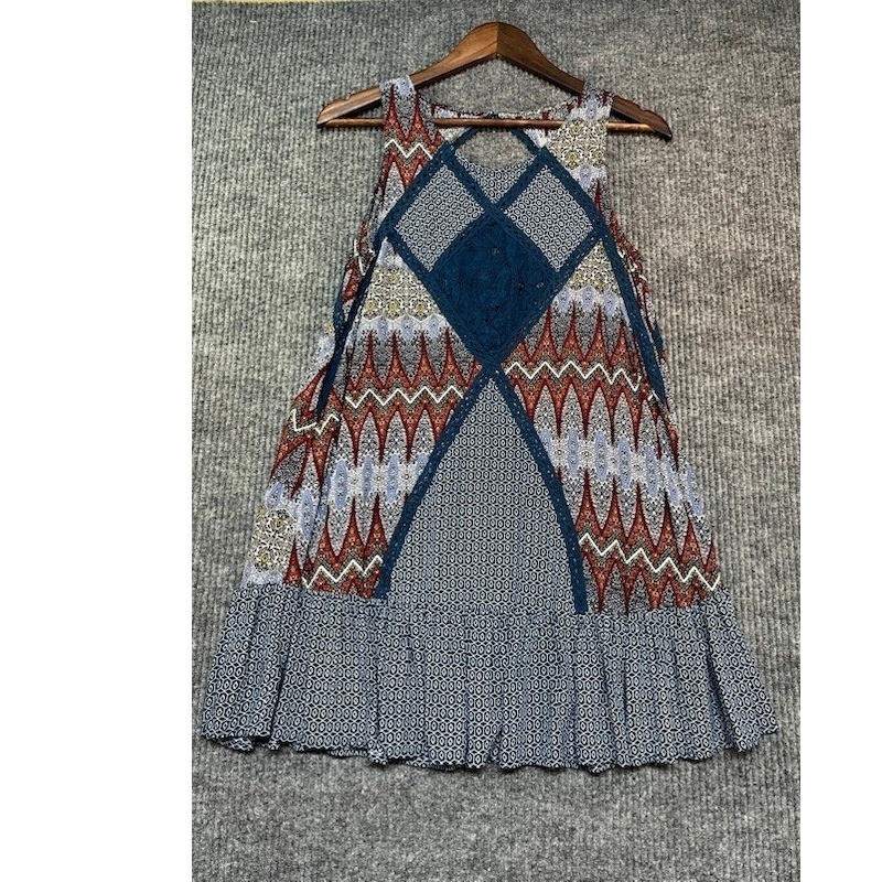 Boho Mixed Print Lace Accent Sleeveless Mini Dress Blue Red Geometric Trapeze