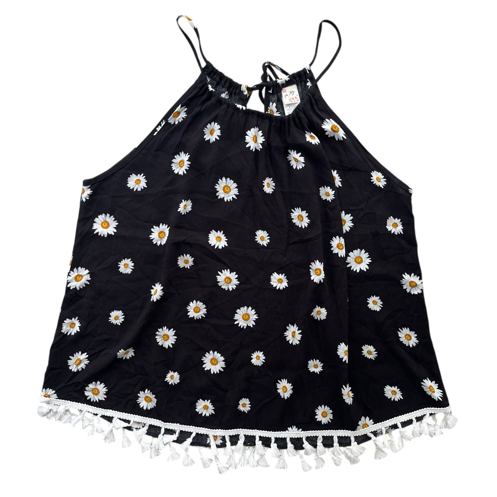 7th Ray Women’s M Black White Daisy Tasseled Hem Halter Tank Tunic Dress #T-4069