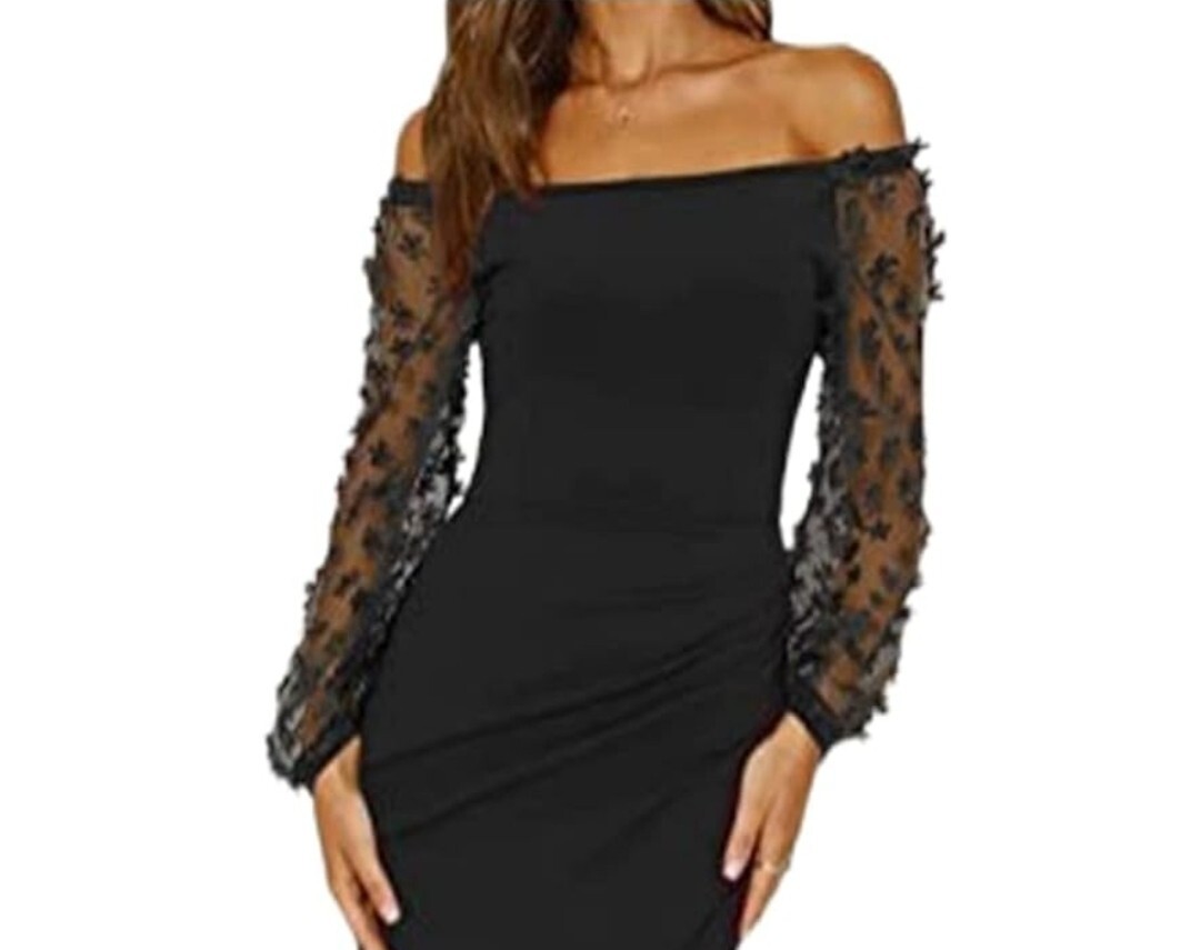 BTFBM Elegant Off Shoulder Dress Sheer 3D Cut-Out Long Sleeves, Small
