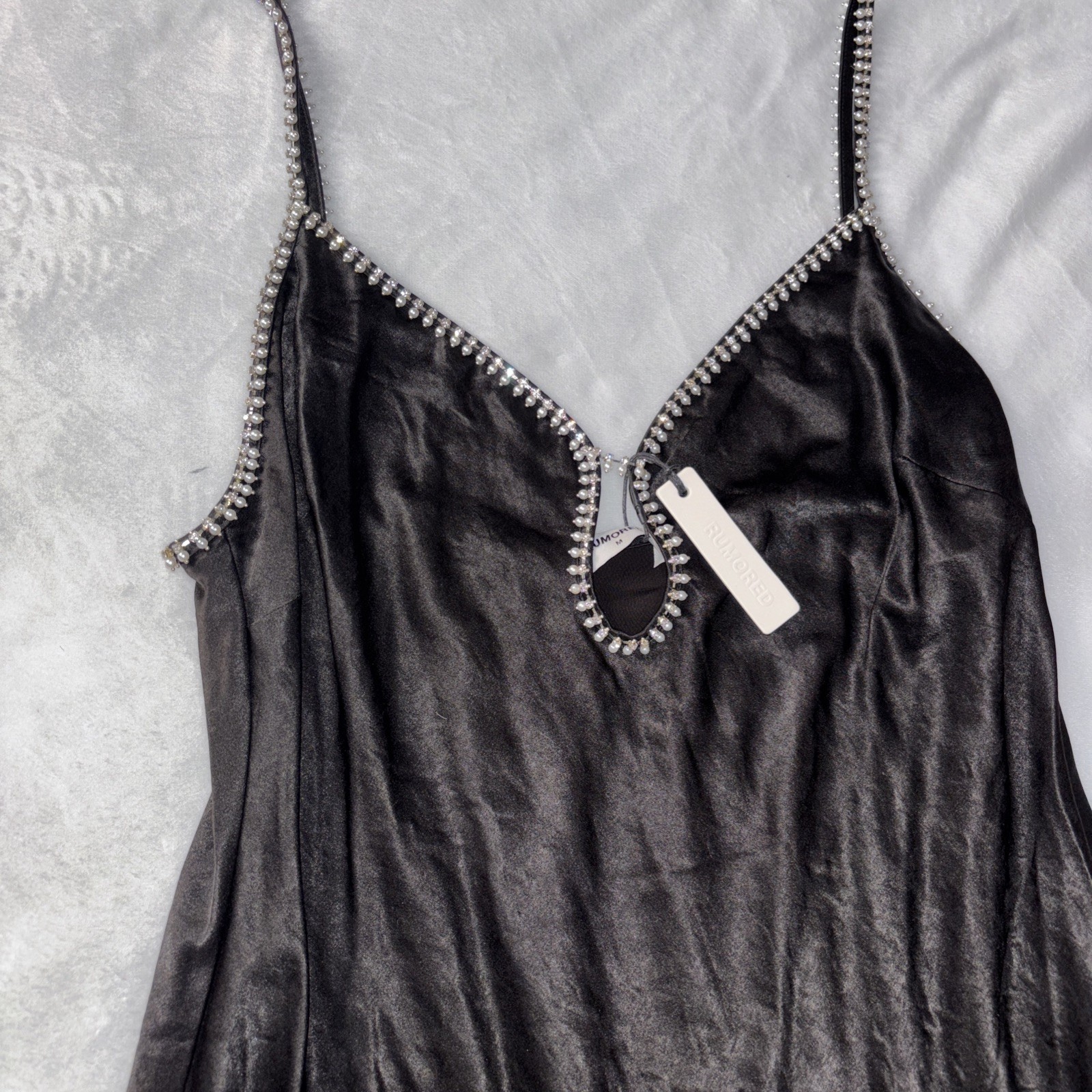 Rumored Revolve Black Satin Maxi Slip Dress Beaded Keyhole Cutout Medium
