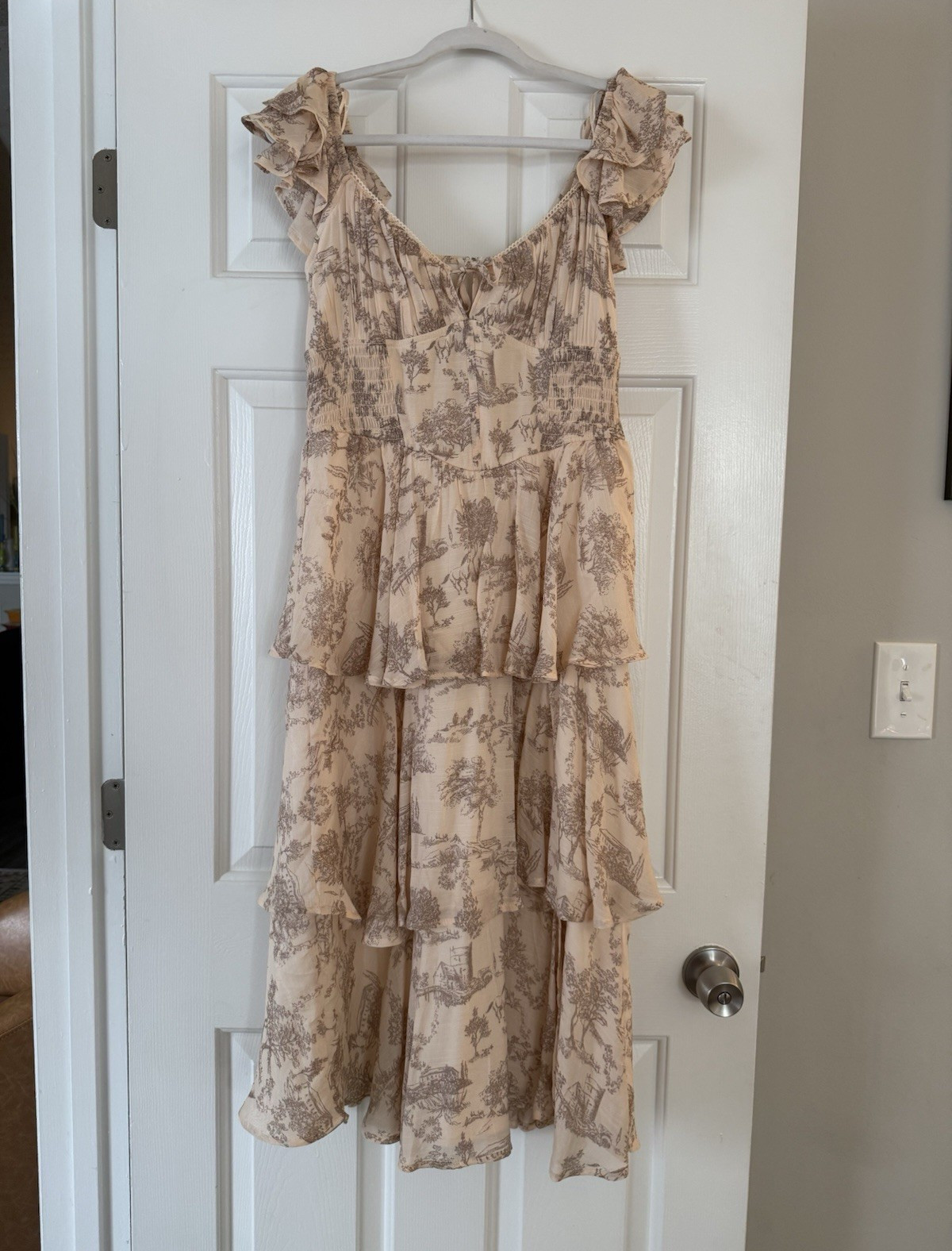 francesca’s Beige Brown Toile Ruffle Tiered Smocked Midi Dress Size M