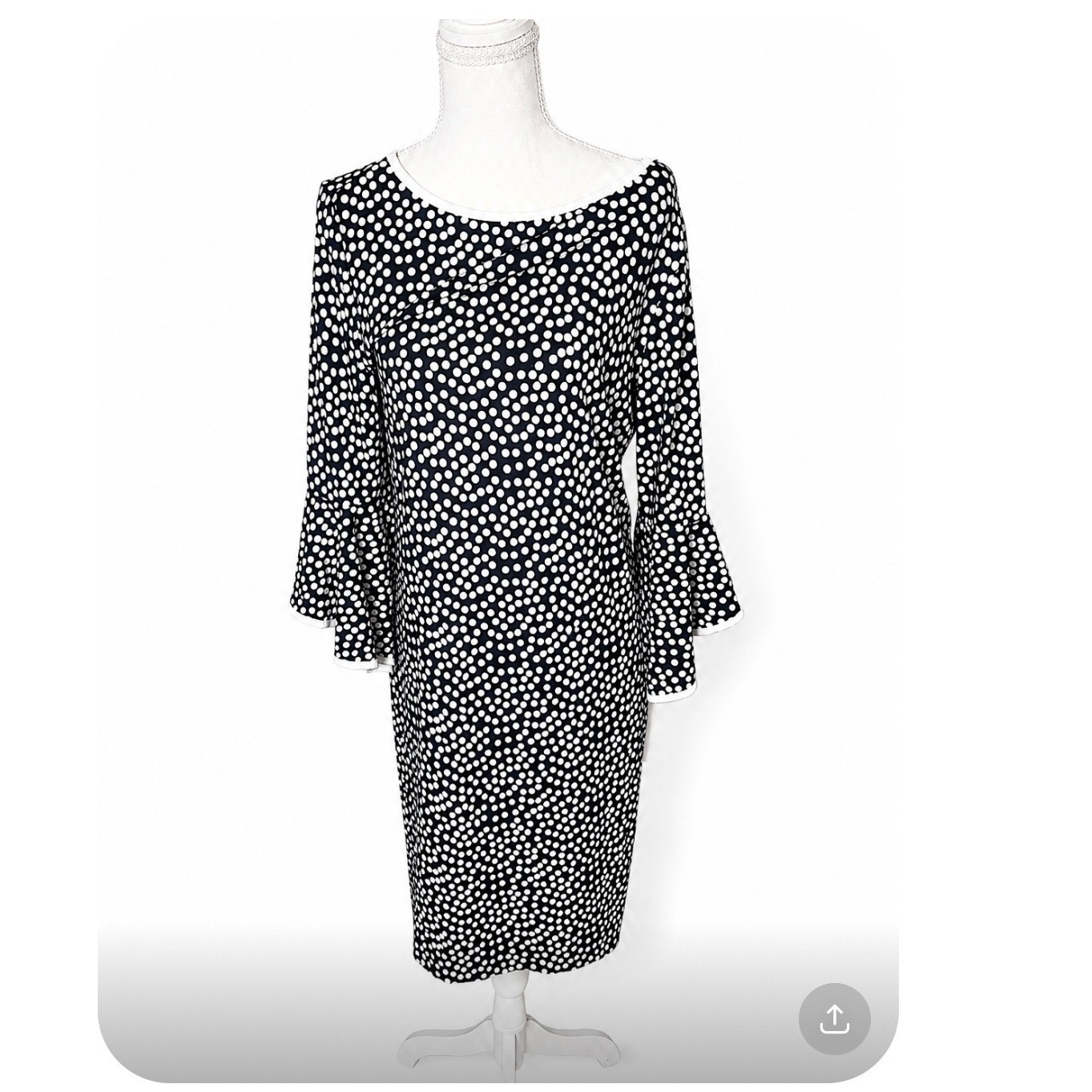 Tiana B New York Navy White Polka Dot Bell Sleeve Sheath Dress Size L T1558