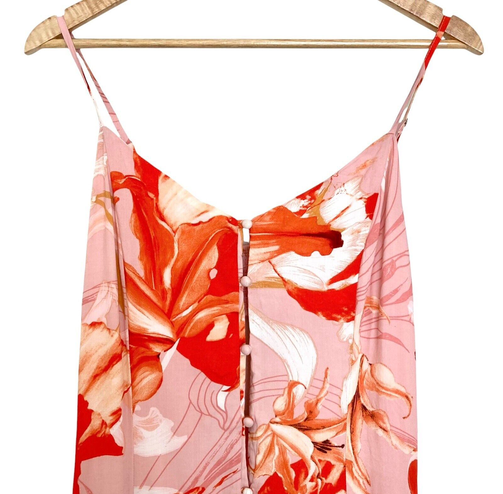 ABEL THE LABEL Lola Flower Bomb Midi Dress Sz M Flounced Hi Low Cutout Back Pink