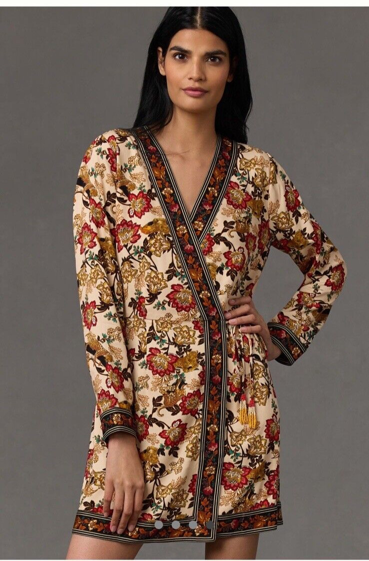 🌴 NWT Farm Rio Animal Print Long-Sleeve Floral Wrap Mini Dress Leopard XS S