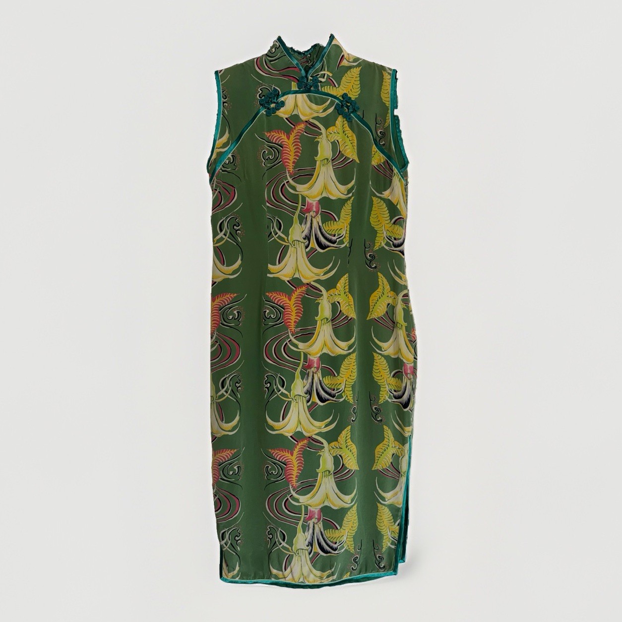 Original AVANTI Authentic Hawaii 100% Silk Green Floral Cheongsam Luau Dress M
