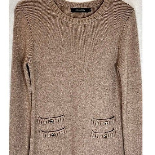 Classic Parisian MEROKEETY Ribbed Knit Sweater Dress Old Money Luxury Beige SM